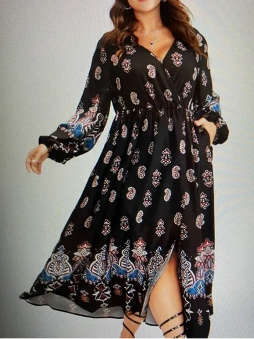 BloomChic Black Paisley-Print V-Neck Maxi Dress with Blue & Red Accents